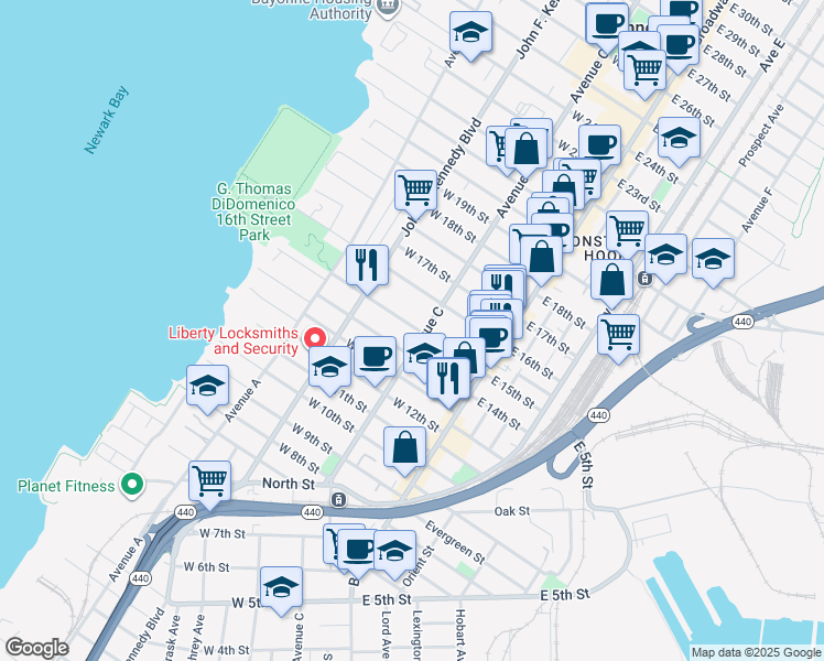 map of restaurants, bars, coffee shops, grocery stores, and more near 348 Avenue C in Bayonne