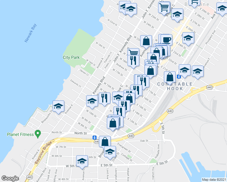 map of restaurants, bars, coffee shops, grocery stores, and more near 348 Avenue C in Bayonne