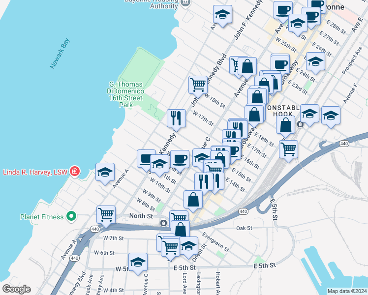 map of restaurants, bars, coffee shops, grocery stores, and more near 74 West 14th Street in Bayonne
