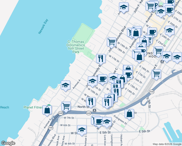 map of restaurants, bars, coffee shops, grocery stores, and more near 122 West 12th Street in Bayonne
