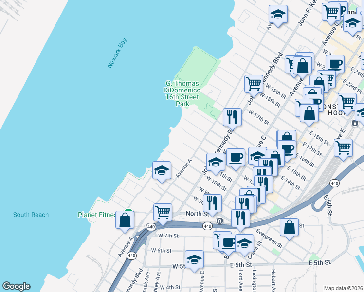 map of restaurants, bars, coffee shops, grocery stores, and more near 2 Pavonia Court in Bayonne