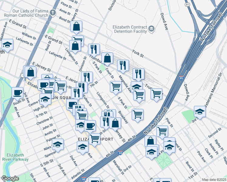 map of restaurants, bars, coffee shops, grocery stores, and more near 602 South Park Street in Elizabeth