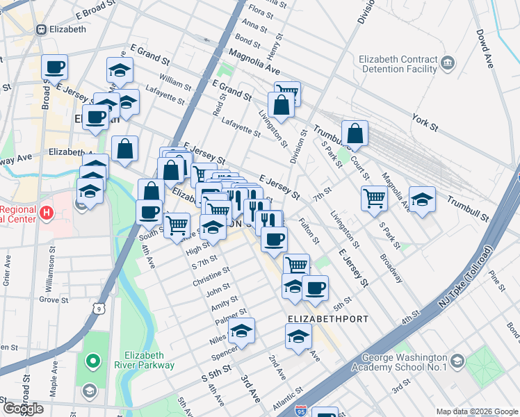 map of restaurants, bars, coffee shops, grocery stores, and more near 807 Elizabeth Avenue in Elizabeth
