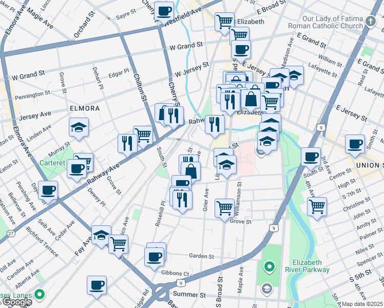 map of restaurants, bars, coffee shops, grocery stores, and more near 132 Race Street in Elizabeth