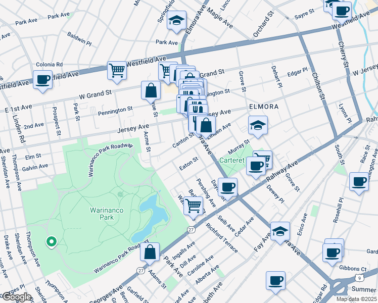map of restaurants, bars, coffee shops, grocery stores, and more near 731 Eaton Street in Elizabeth
