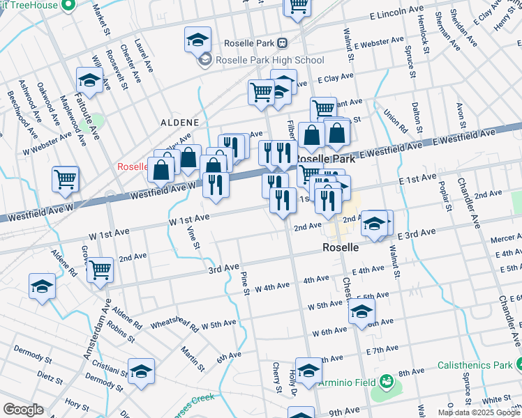 map of restaurants, bars, coffee shops, grocery stores, and more near 221-225 1st Avenue in Roselle