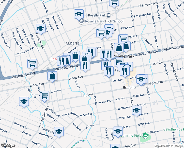 map of restaurants, bars, coffee shops, grocery stores, and more near 263 West 1st Avenue in Roselle