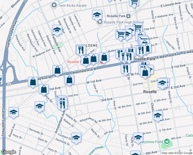 map of restaurants, bars, coffee shops, grocery stores, and more near 549 West 1st Avenue in Roselle