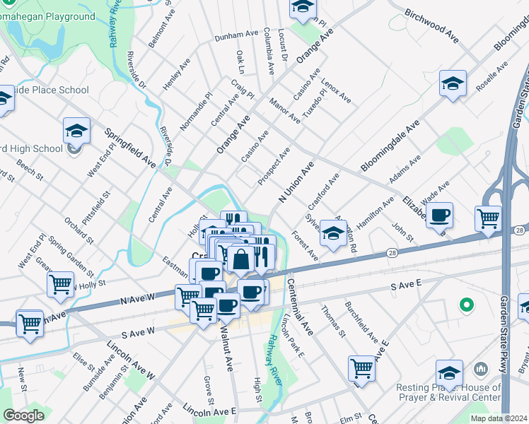 map of restaurants, bars, coffee shops, grocery stores, and more near 1-45 Riverside Drive in Cranford
