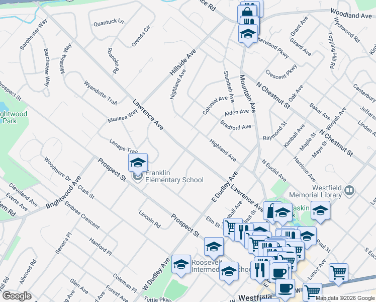map of restaurants, bars, coffee shops, grocery stores, and more near 258 Sinclair Place in Westfield