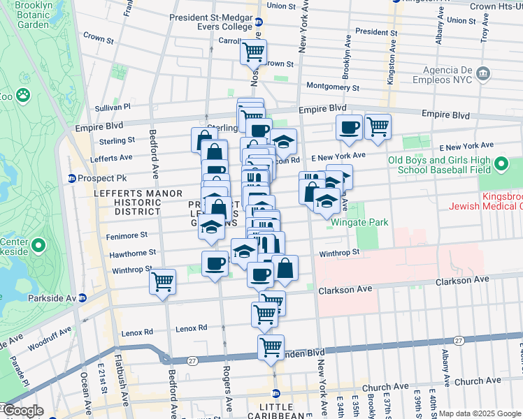 map of restaurants, bars, coffee shops, grocery stores, and more near Nostrand Ave & Rutland Rd in Brooklyn