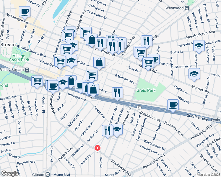 map of restaurants, bars, coffee shops, grocery stores, and more near 187 East Hawthorne Avenue in Valley Stream