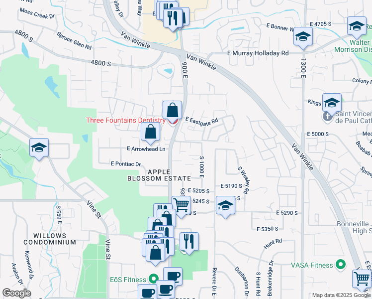 map of restaurants, bars, coffee shops, grocery stores, and more near 5090 South 1000 East in Salt Lake City