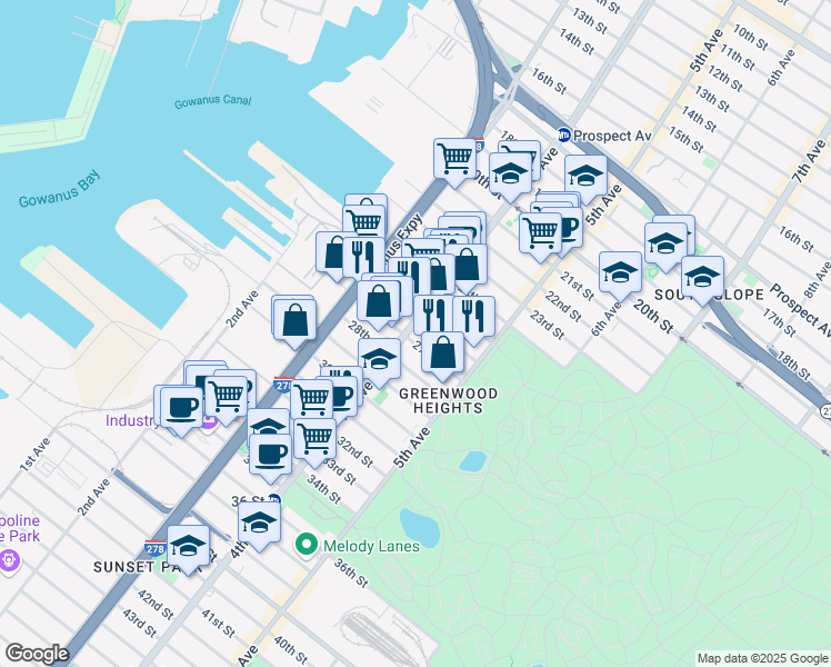 map of restaurants, bars, coffee shops, grocery stores, and more near 793 4th Avenue in Brooklyn