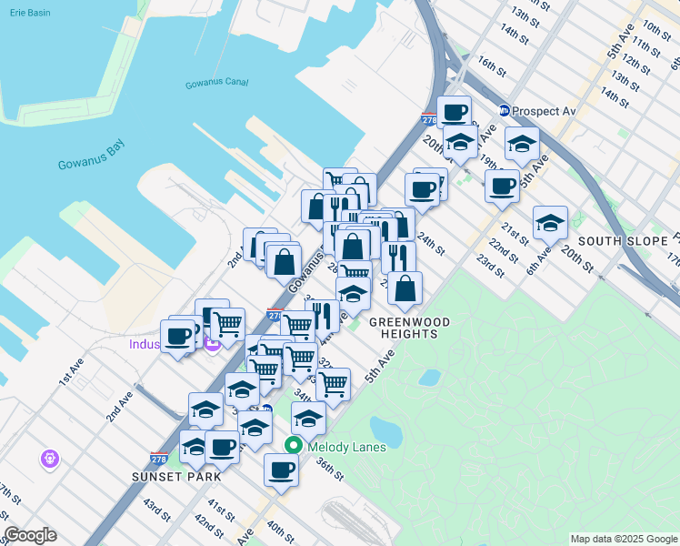 map of restaurants, bars, coffee shops, grocery stores, and more near 141 28th Street in Brooklyn