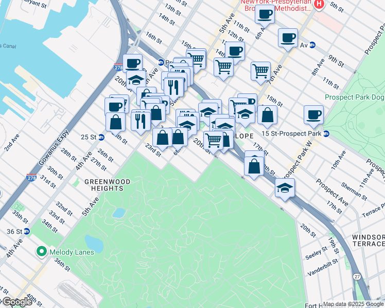 map of restaurants, bars, coffee shops, grocery stores, and more near 329 22nd Street in Brooklyn
