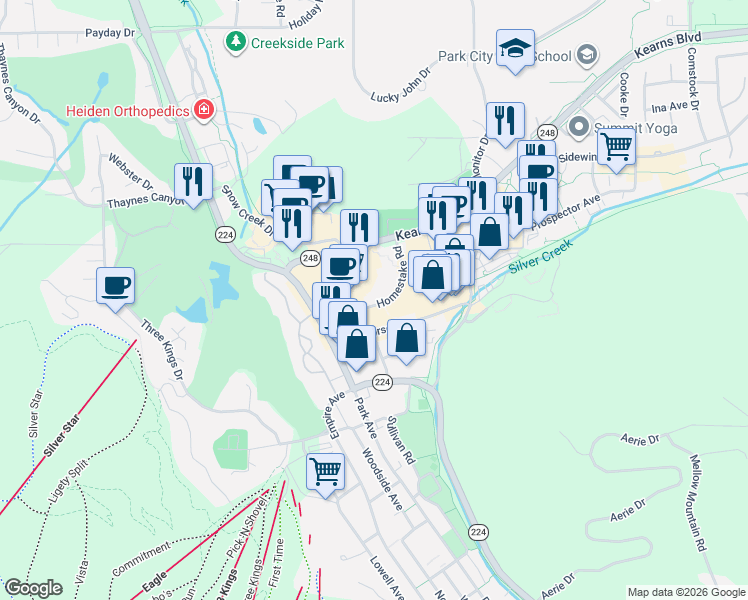 map of restaurants, bars, coffee shops, grocery stores, and more near 1800 Homestake Road in Park City