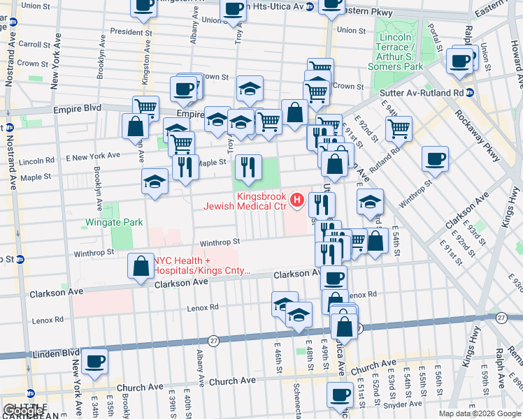map of restaurants, bars, coffee shops, grocery stores, and more near 131 East 46th Street in Brooklyn