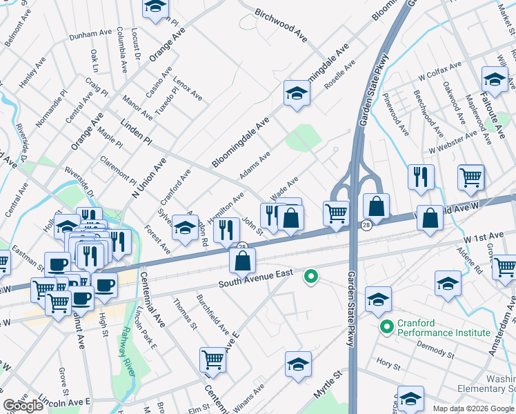 map of restaurants, bars, coffee shops, grocery stores, and more near 41 John Street in Cranford