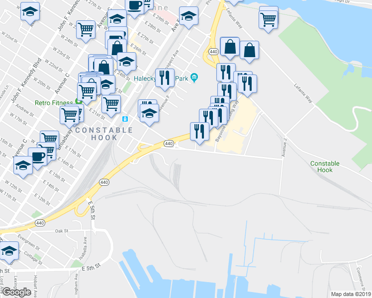 map of restaurants, bars, coffee shops, grocery stores, and more near E 22nd St in Bayonne