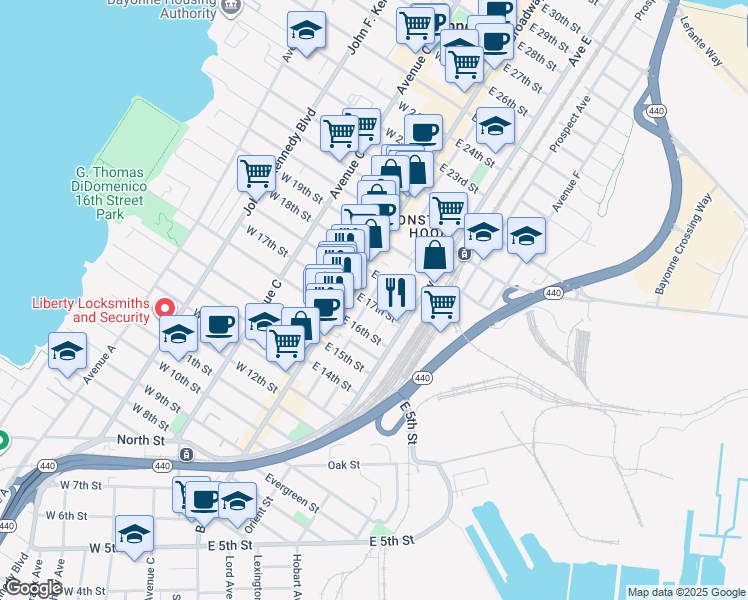 map of restaurants, bars, coffee shops, grocery stores, and more near 14 Court Place in Bayonne