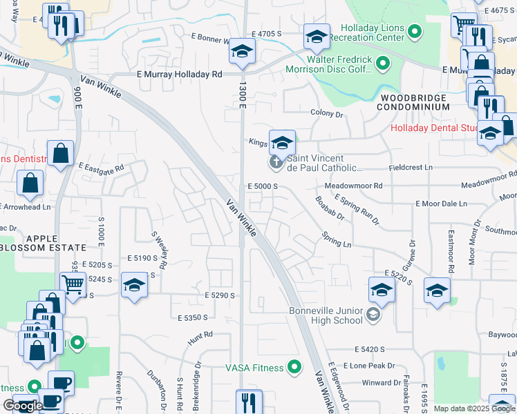 map of restaurants, bars, coffee shops, grocery stores, and more near 5058 Moray Court in Holladay