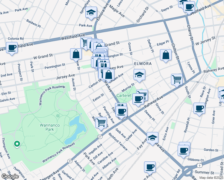 map of restaurants, bars, coffee shops, grocery stores, and more near 66 Elmora Avenue in Elizabeth