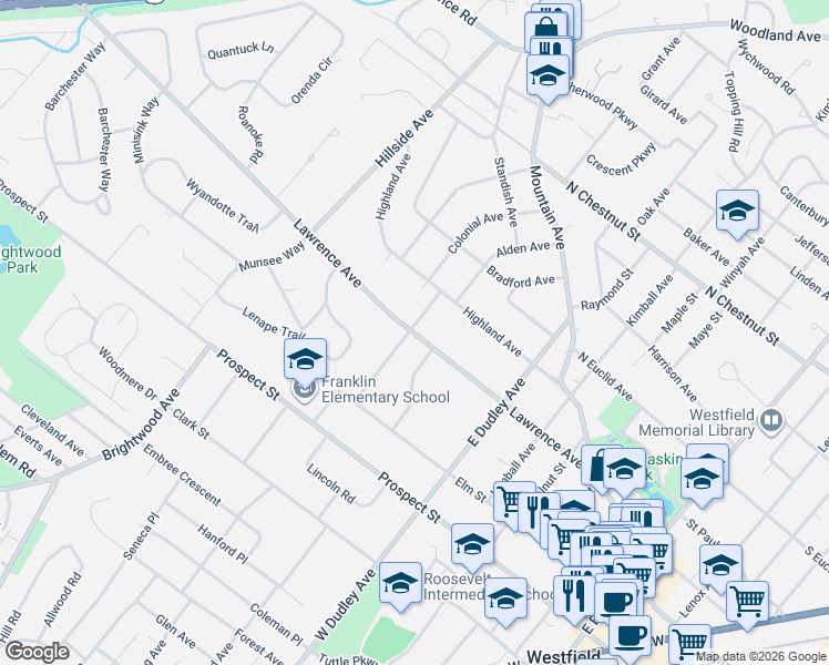 map of restaurants, bars, coffee shops, grocery stores, and more near 258 Sinclair Place in Westfield