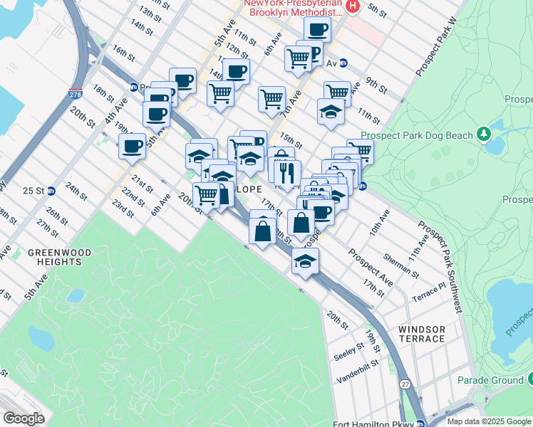 map of restaurants, bars, coffee shops, grocery stores, and more near 451 18th Street in Brooklyn