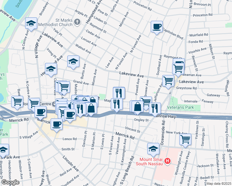 map of restaurants, bars, coffee shops, grocery stores, and more near 145 Maple Avenue in Rockville Centre