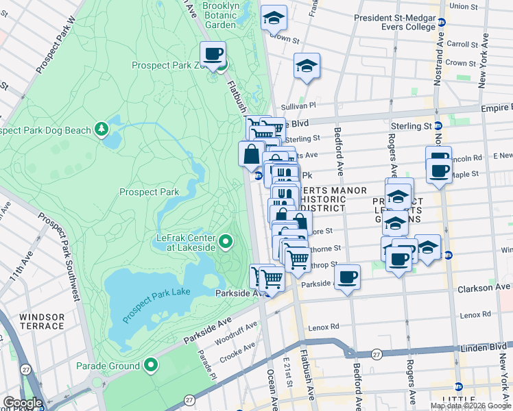 map of restaurants, bars, coffee shops, grocery stores, and more near 147 Ocean Avenue in Brooklyn