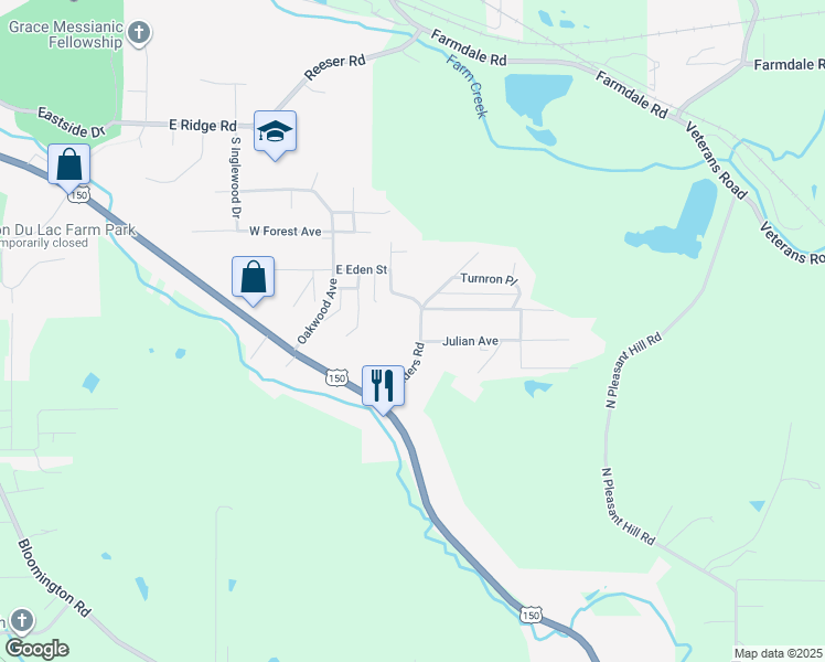 map of restaurants, bars, coffee shops, grocery stores, and more near 108 Reinders Road in East Peoria