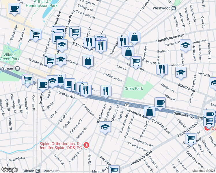 map of restaurants, bars, coffee shops, grocery stores, and more near 100 Newbold Avenue in Valley Stream