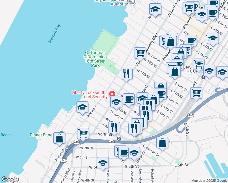 map of restaurants, bars, coffee shops, grocery stores, and more near 122 West 12th Street in Bayonne