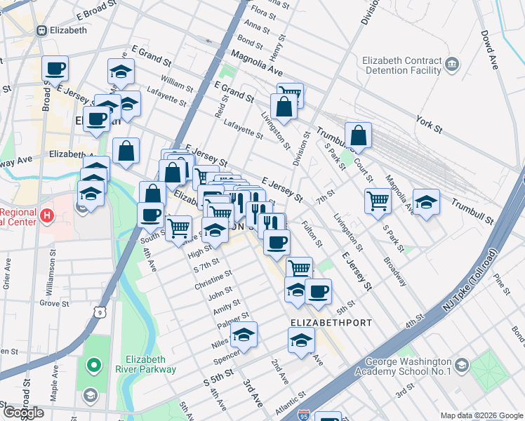 map of restaurants, bars, coffee shops, grocery stores, and more near 807 Elizabeth Avenue in Elizabeth