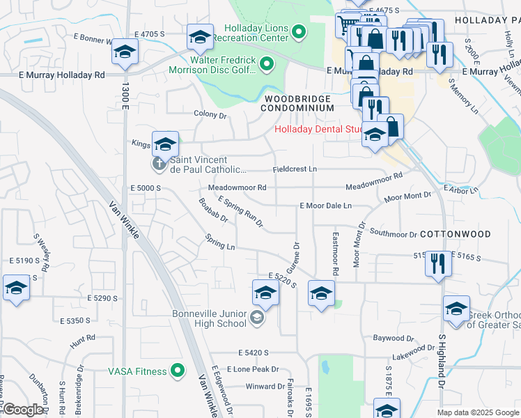 map of restaurants, bars, coffee shops, grocery stores, and more near 1610 East Moor Dale Lane in Holladay