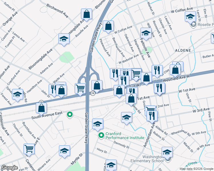map of restaurants, bars, coffee shops, grocery stores, and more near 7 Carpenter Place in Cranford