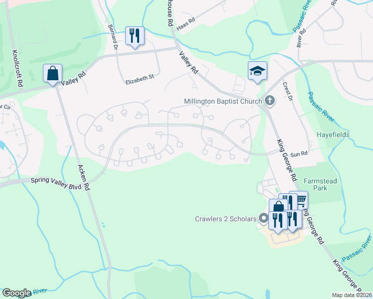 map of restaurants, bars, coffee shops, grocery stores, and more near 355 Potomac Drive in Basking Ridge
