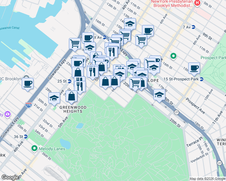 map of restaurants, bars, coffee shops, grocery stores, and more near 6th Ave & 22nd St in Brooklyn