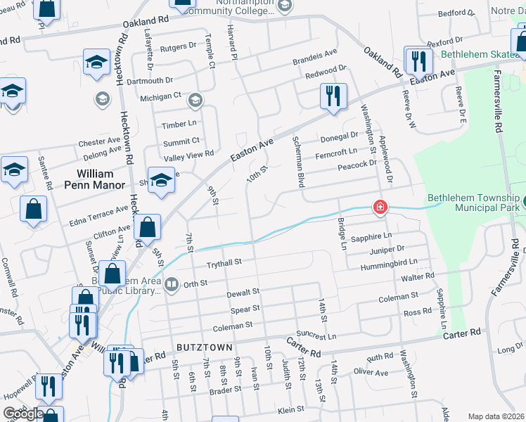 map of restaurants, bars, coffee shops, grocery stores, and more near 3830 Tamarind Drive in Bethlehem