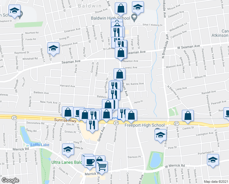 map of restaurants, bars, coffee shops, grocery stores, and more near 2091 Grand Avenue in Baldwin