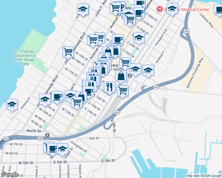 map of restaurants, bars, coffee shops, grocery stores, and more near 153 Avenue E in Bayonne