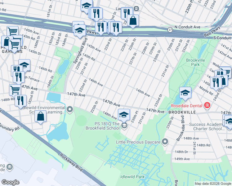 map of restaurants, bars, coffee shops, grocery stores, and more near 146-06 228th Street in Queens