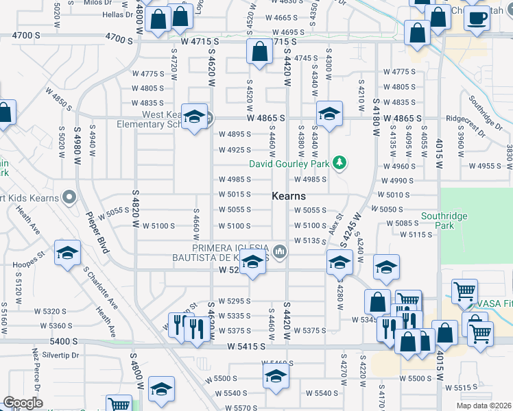 map of restaurants, bars, coffee shops, grocery stores, and more near 4521 West 5055 South in Salt Lake City