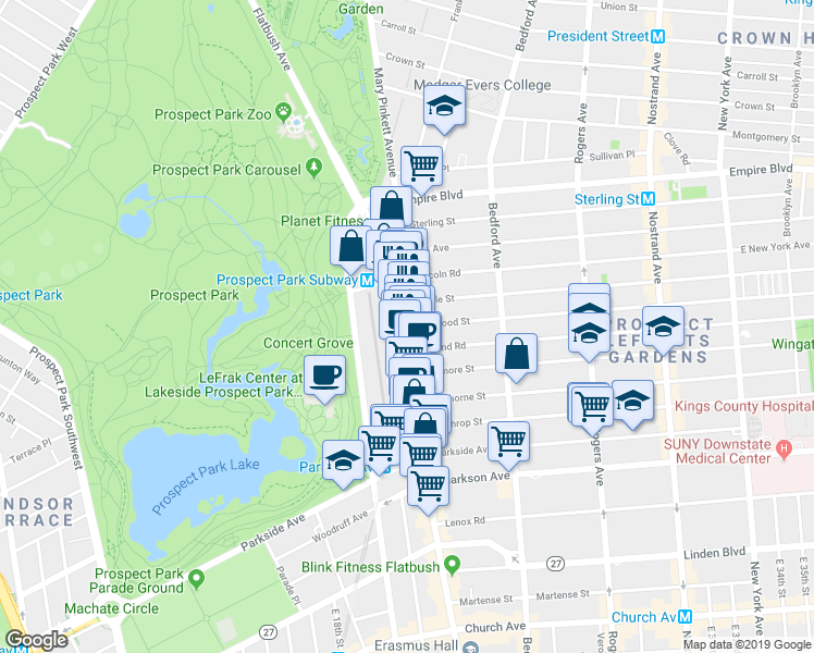 map of restaurants, bars, coffee shops, grocery stores, and more near Flatbush Avenue & Midwood Street in Brooklyn
