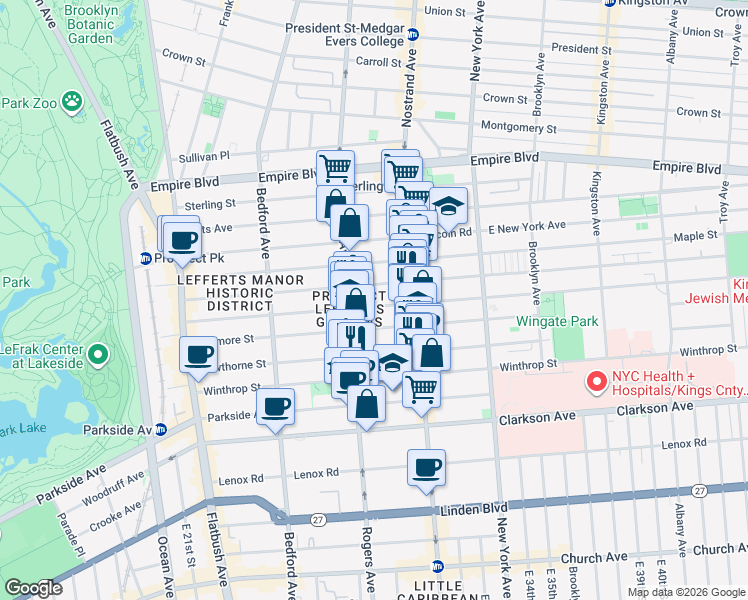 map of restaurants, bars, coffee shops, grocery stores, and more near 251 Rutland Road in Brooklyn