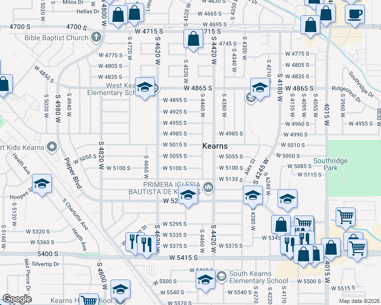map of restaurants, bars, coffee shops, grocery stores, and more near 4521 West 5055 South in Salt Lake City