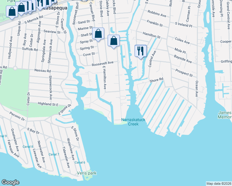 map of restaurants, bars, coffee shops, grocery stores, and more near 38 East Lincoln Avenue in Massapequa