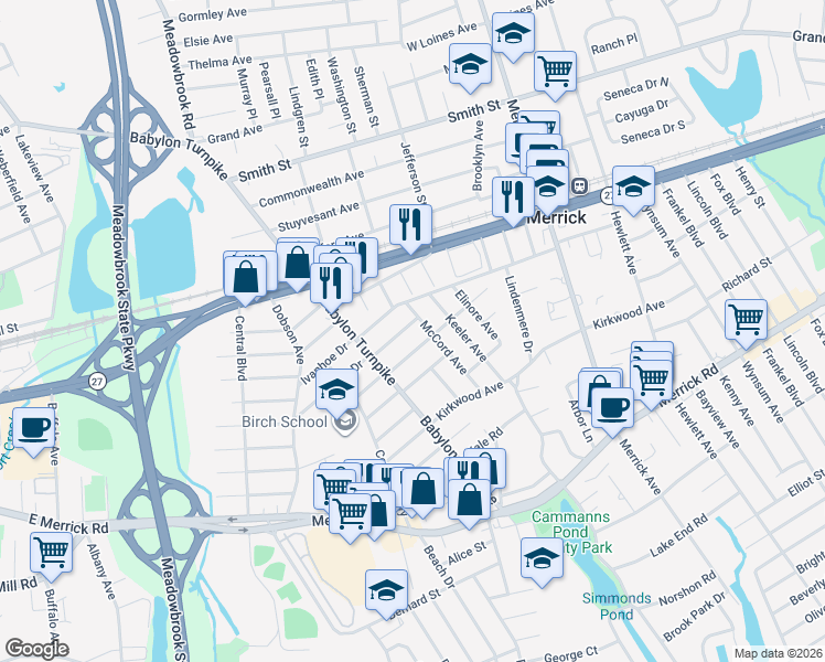 map of restaurants, bars, coffee shops, grocery stores, and more near 98 Gregory Avenue in Merrick