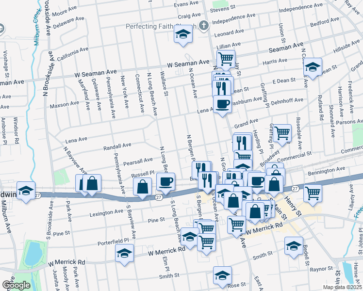 map of restaurants, bars, coffee shops, grocery stores, and more near 99 Randall Avenue in Freeport